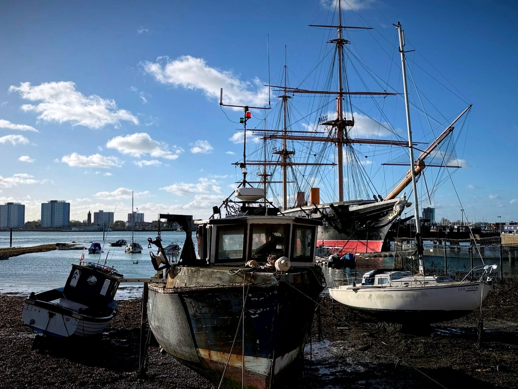 Image of Portsmouth Hard boat area featuring HMS Warrior