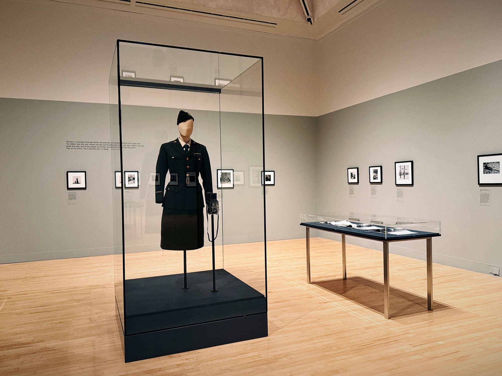 Exibitioncase with Lee Miller's US War Correspondent Dress Uniform & Rolleiflex 120 camera